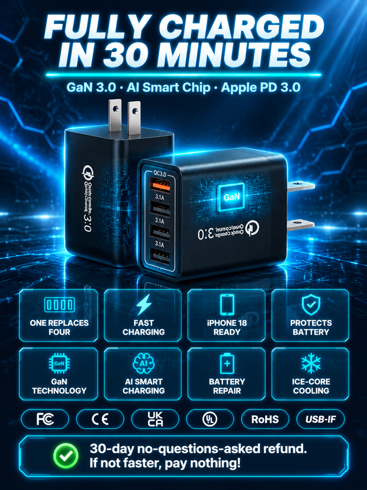 40W GaN 3.0 AI Smart Fast Charger - 4-in-1 Ice-Core Temperature Control, Pulse Battery Repair Technology, PD 3.0 Compatible - Midnight Clearance Sale