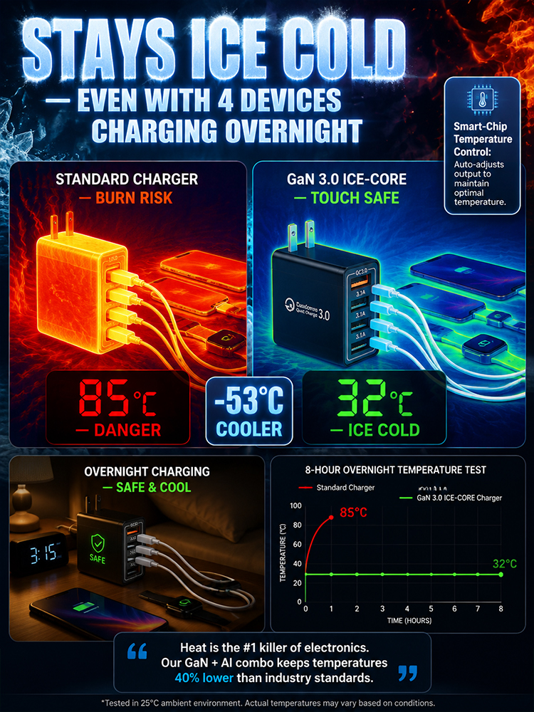 40W GaN 3.0 AI Smart Fast Charger - 4-in-1 Ice-Core Temperature Control, Pulse Battery Repair Technology, PD 3.0 Compatible - Midnight Clearance Sale