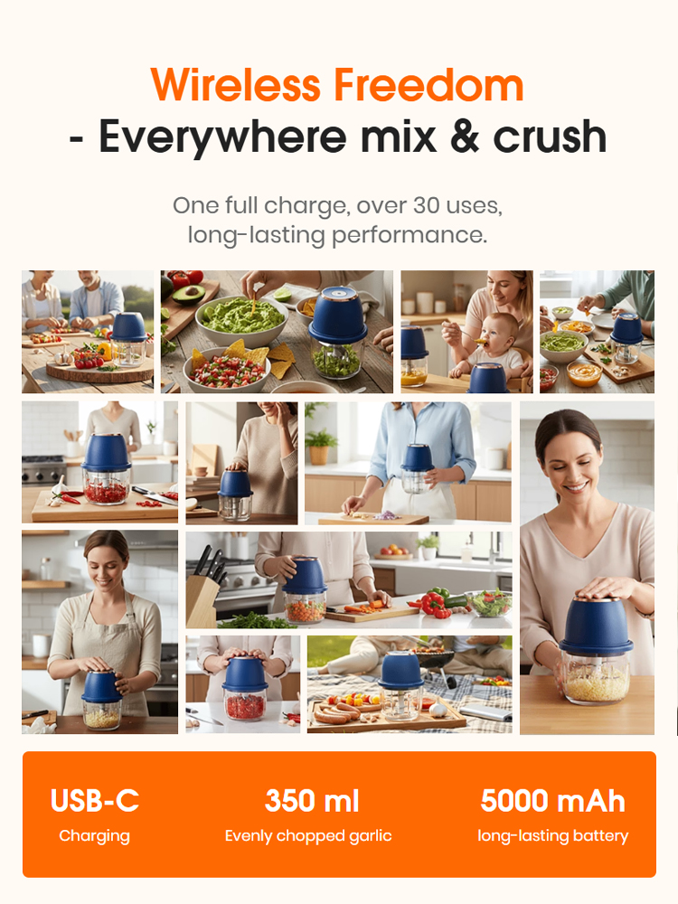 [Home Helper] Portable Multi-functional food processor⚡ One-Button Electric Chopping – No More Tears, 5 Seconds to Fresh Garlic🔪 4-in-1 Multifunctional: Mince meat, chop garlic, grind chili, baby food