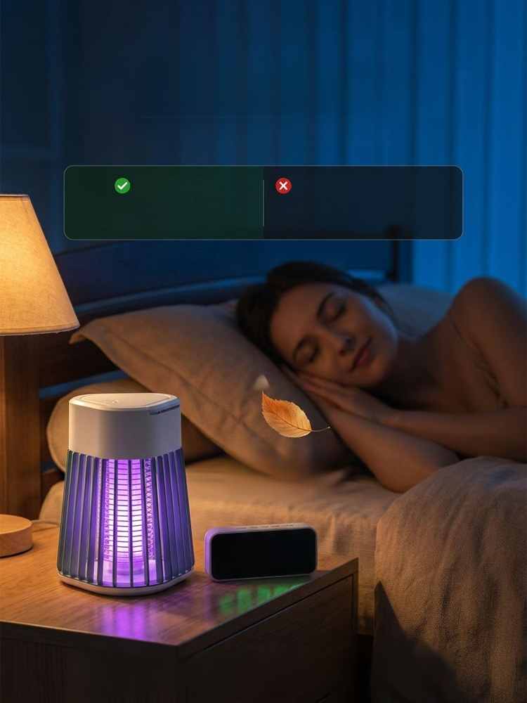 Silent Purple Light Household Mosquito Killer Lamp, 365nm physical mosquito trapping technology combined with 25dB ultra-quiet operation for a 100% chemical-free safe sleep environment.