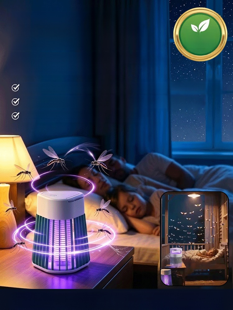 Silent Purple Light Household Mosquito Killer Lamp, 365nm physical mosquito trapping technology combined with 25dB ultra-quiet operation for a 100% chemical-free safe sleep environment.