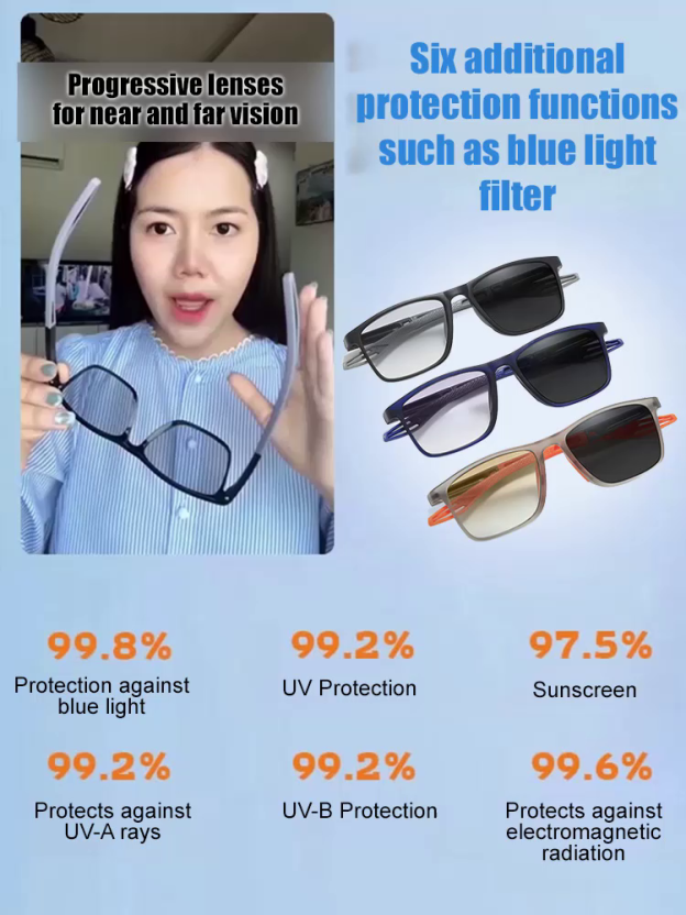 Sports-style 2-in-1 UV-protective photochromic reading glasses, Automatically adjusts to changing light conditions.