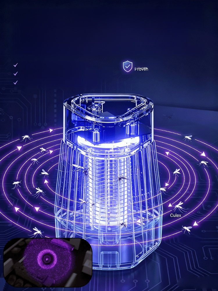 Silent Purple Light Household Mosquito Killer Lamp, 365nm physical mosquito trapping technology combined with 25dB ultra-quiet operation for a 100% chemical-free safe sleep environment.