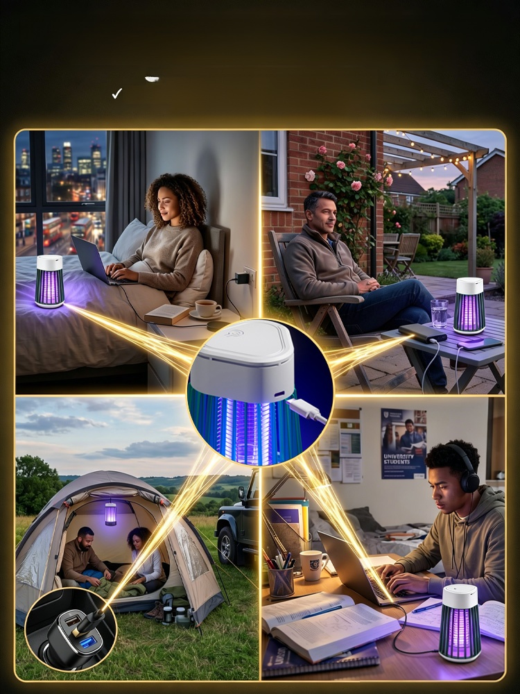 Silent Purple Light Household Mosquito Killer Lamp, 365nm physical mosquito trapping technology combined with 25dB ultra-quiet operation for a 100% chemical-free safe sleep environment.