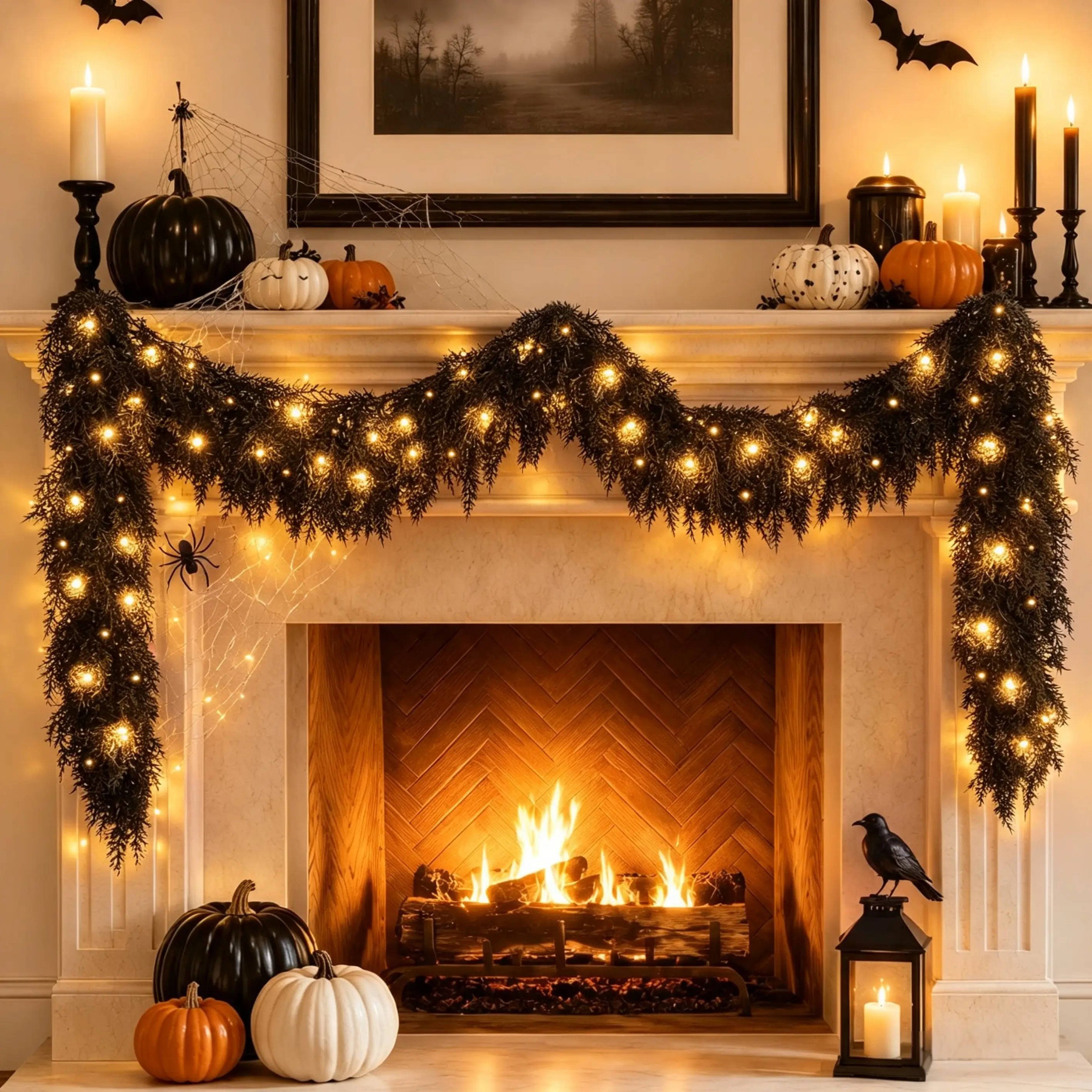🔥2026 HOT SALE🔥 Pre-lit Halloween Black Cedar Garland