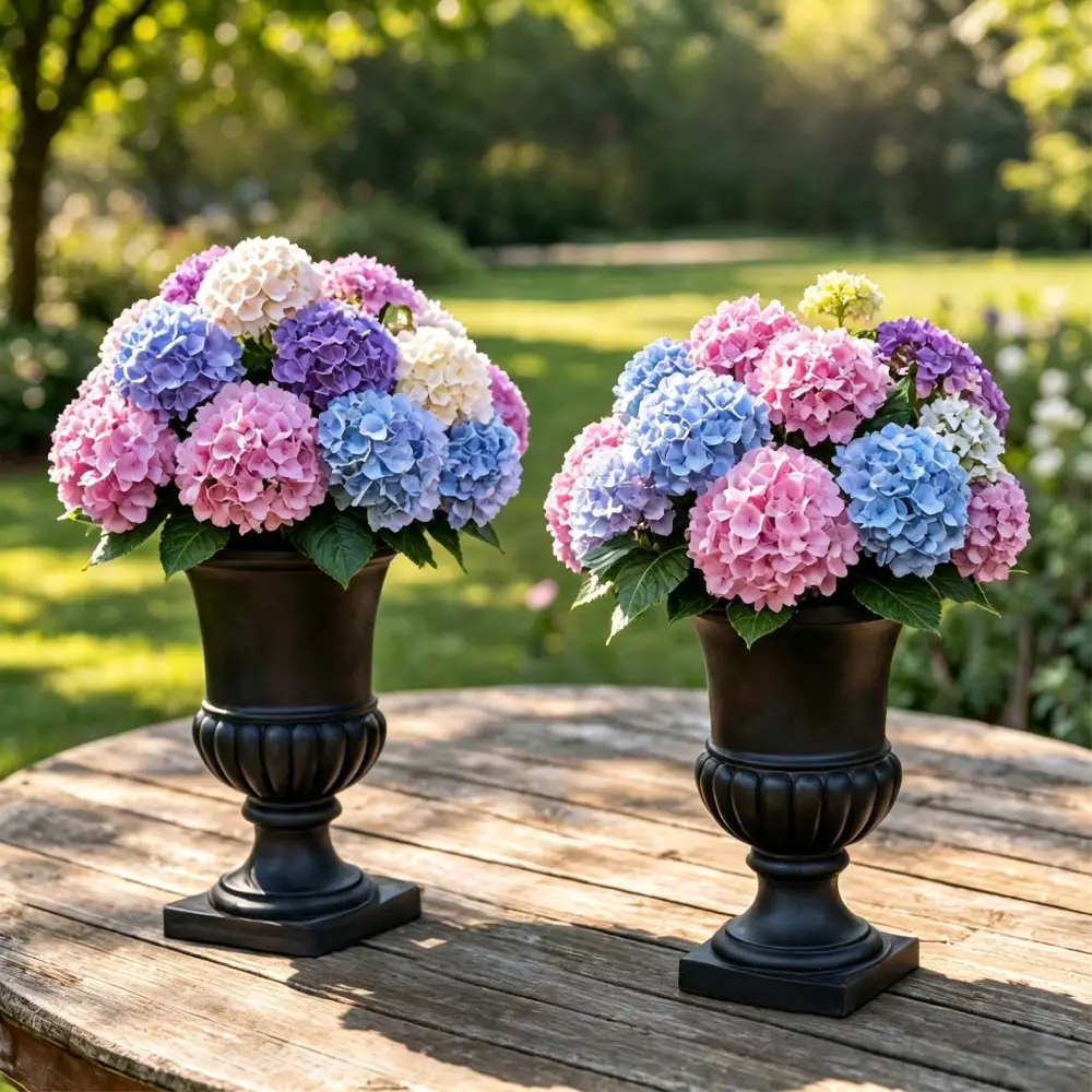 Full multi-color UV resistant faux hydrangea arrangements on outdoor wooden table, lifelike all-season garden landscaping decor