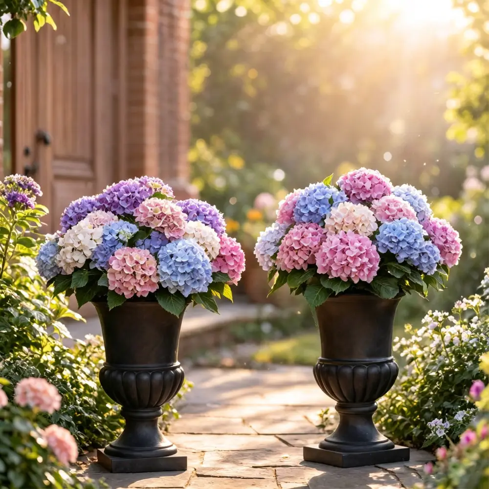 Mixed color fade-proof artificial hydrangea bundles under sunset light, rustic wooden front door garden all weather decor