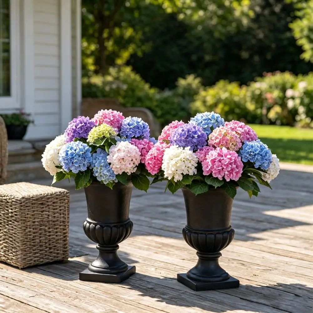 Pastel pink purple blue white artificial hydrangea flowers decorating white farmhouse wooden deck, zero maintenance curb appeal decor