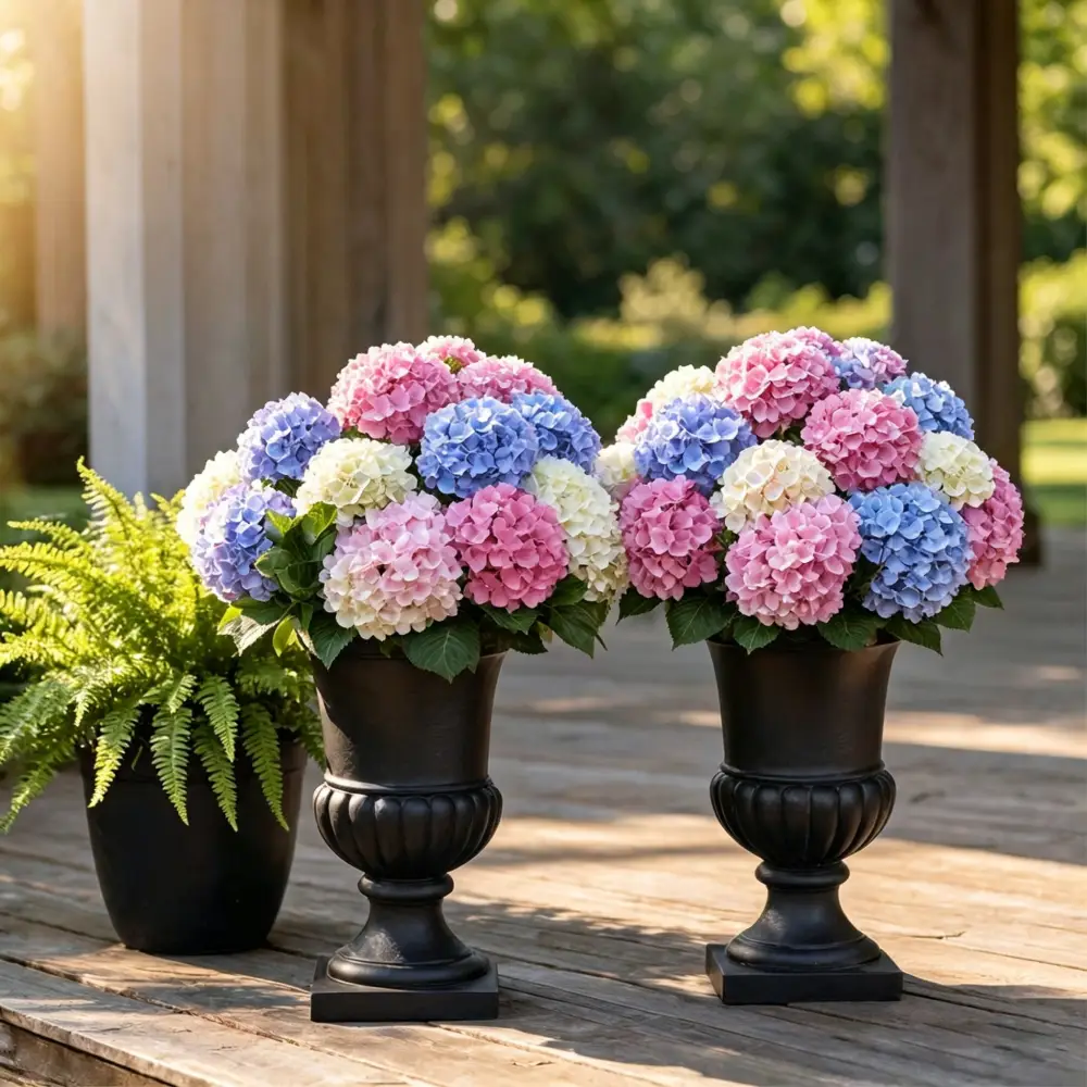 Mixed pink blue white lavender artificial hydrangea bundles for wooden patio decor, windproof UV protected outdoor silk flowers with green fern matching