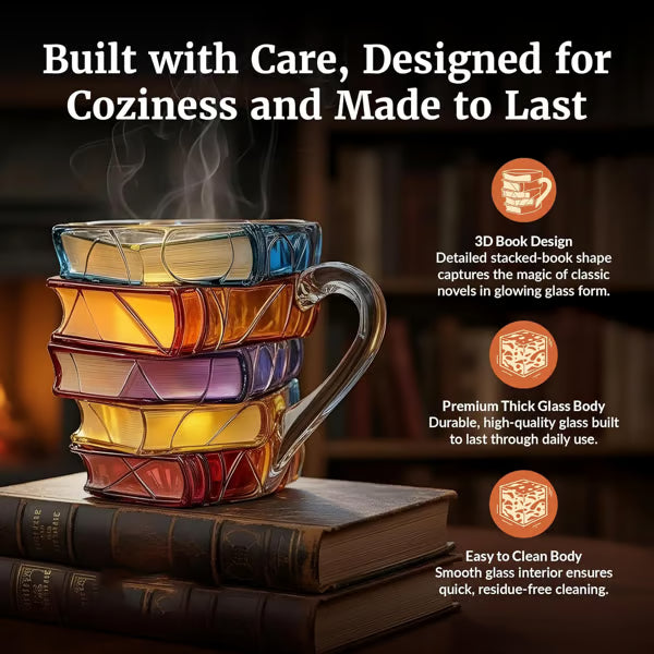 📚 Handcraft 3D Painted Book Mug – Unique Glass Coffee Cup for Readers & Book Lovers🍵