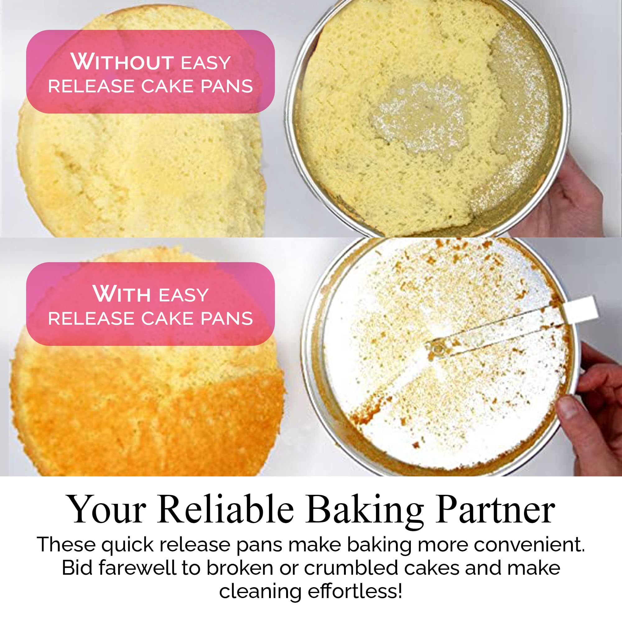 Easy Release Round Cake Pans with a Built-in Swivel Blade