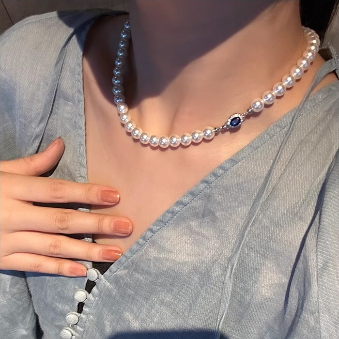 Sterling Silver Windsor Sapphire Pearl Necklace丨Japan Akoya Pearl Necklace