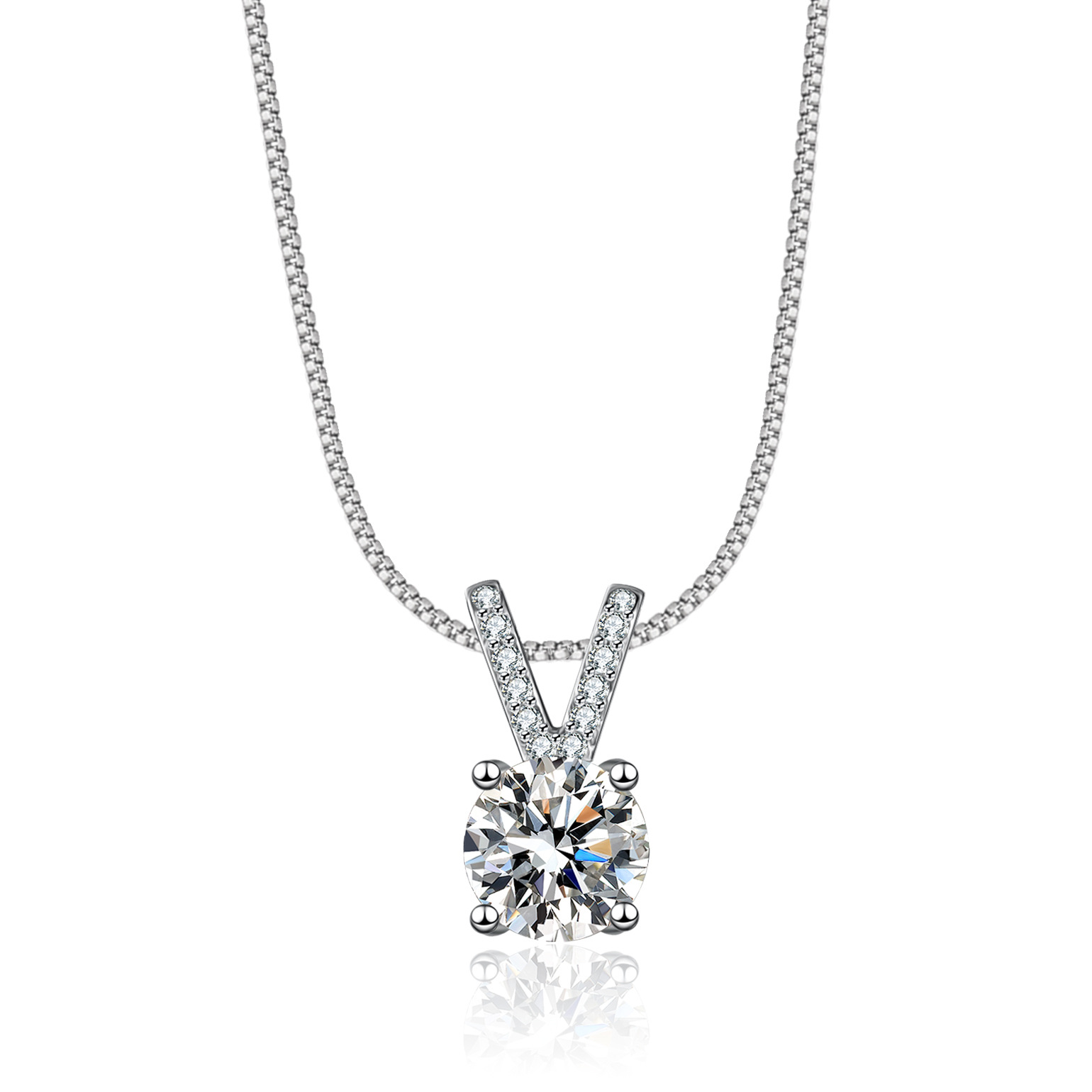 S925 V-Shape Four-Prong Moissanite Pendant Necklace with Rose Gift Box