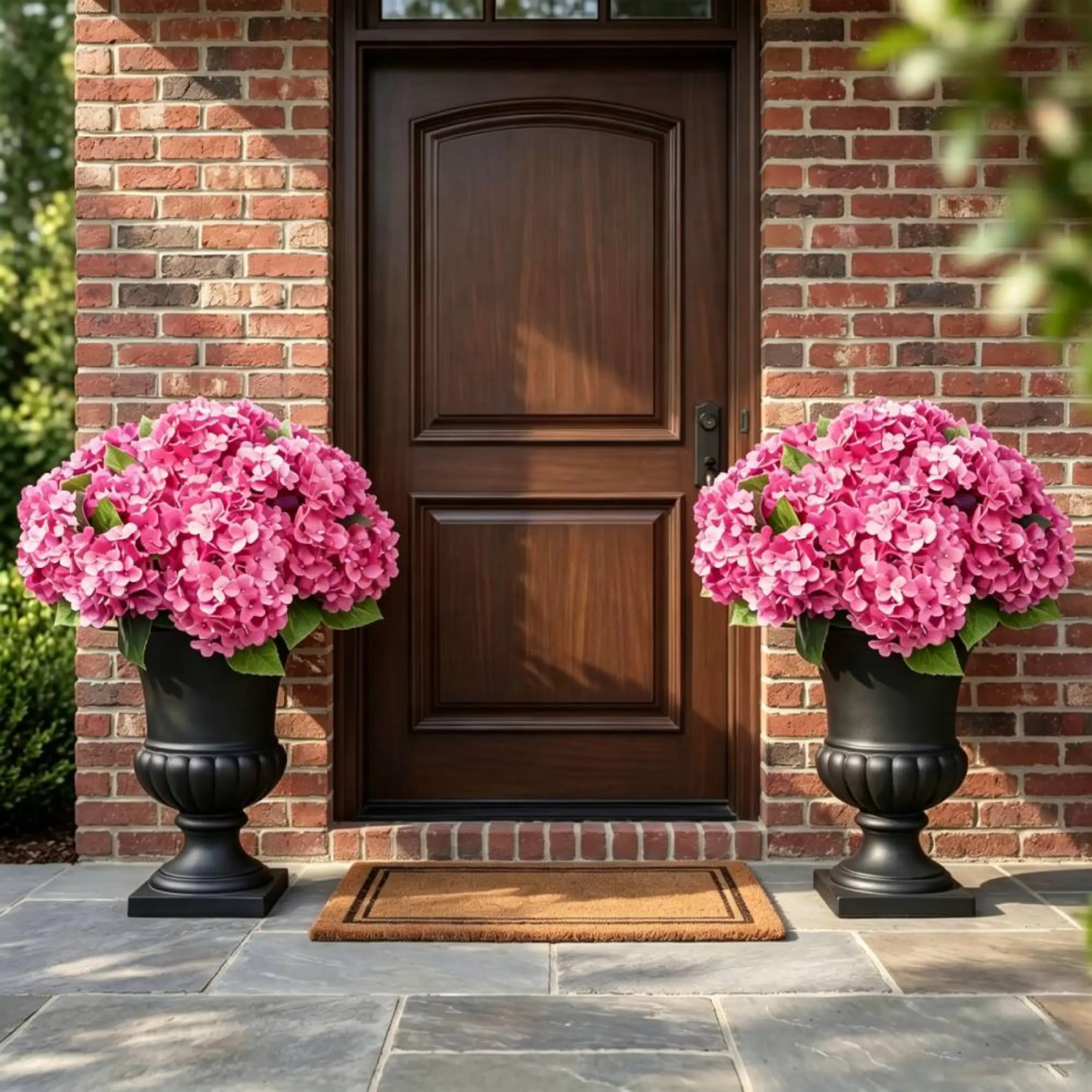 Rose pink UV resistant artificial hydrangea flowers, symmetrical two bundles with black urns on brick wooden front porch, zero maintenance curb decor