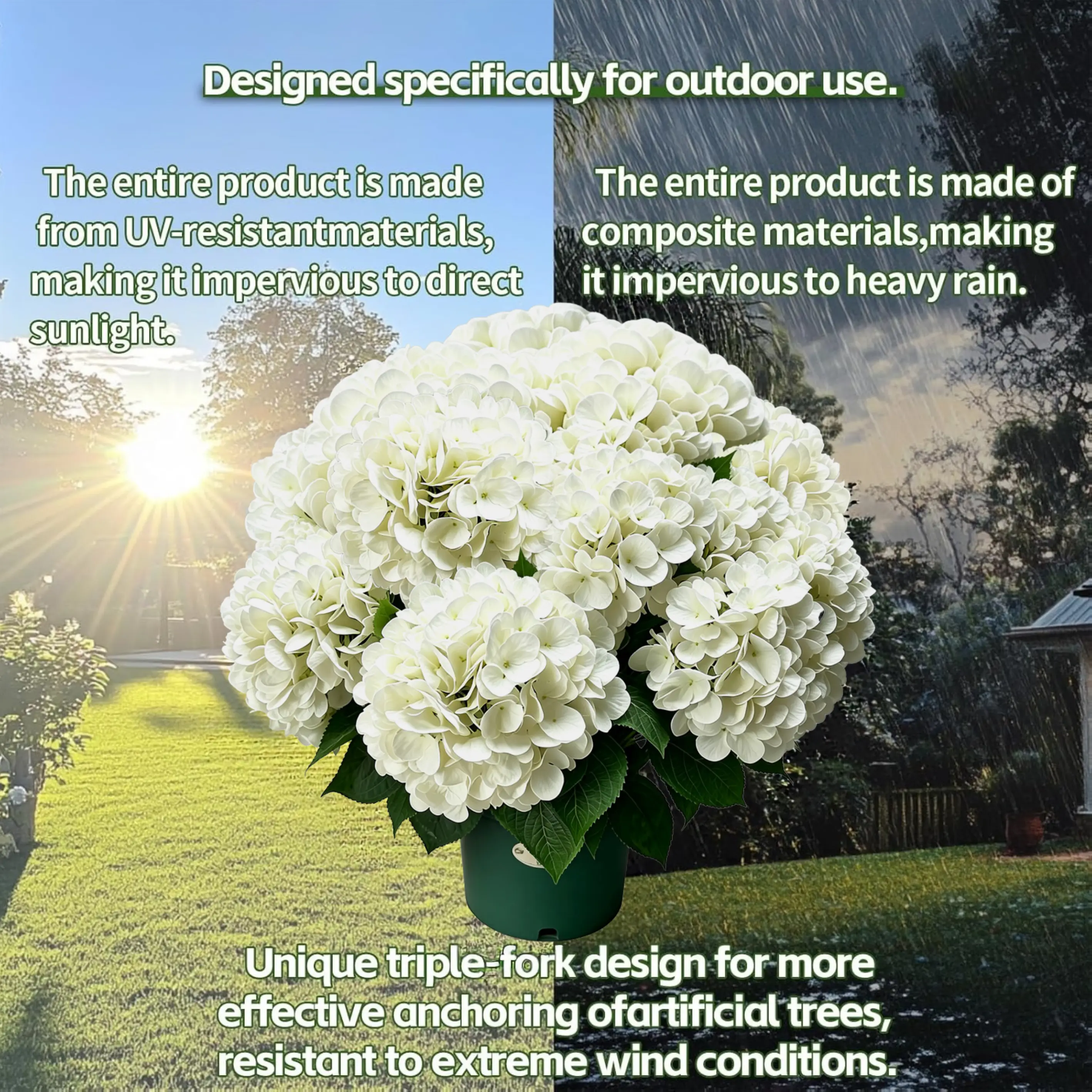 UV rain wind resistant test chart for outdoor artificial white hydrangea, composite waterproof material withstand sunlight heavy rain strong wind for year-round garden decor