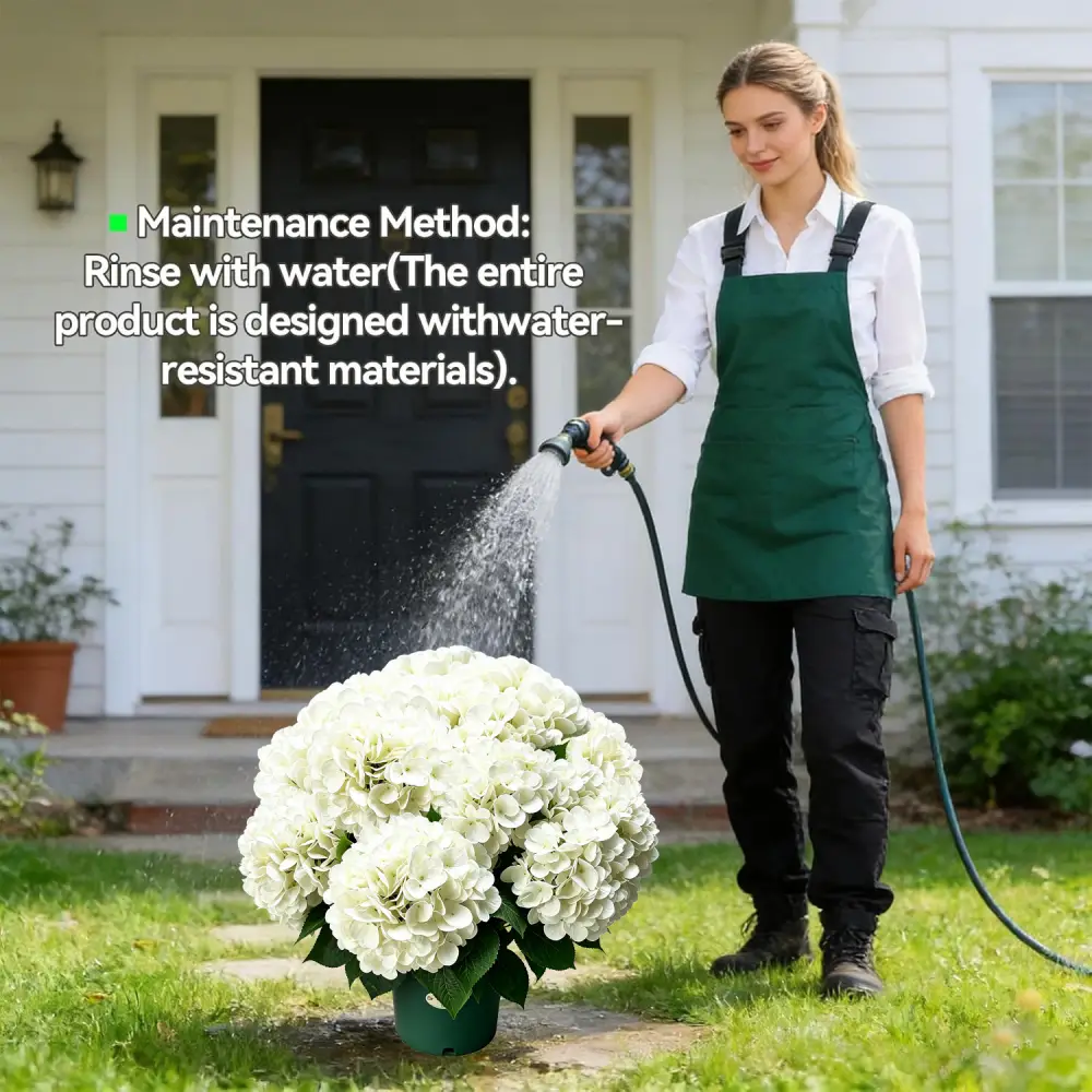 White UV resistant artificial hydrangea flower maintenance demo, fully waterproof material can be rinsed with garden hose, zero upkeep faux outdoor porch decor for farmhouse entryway