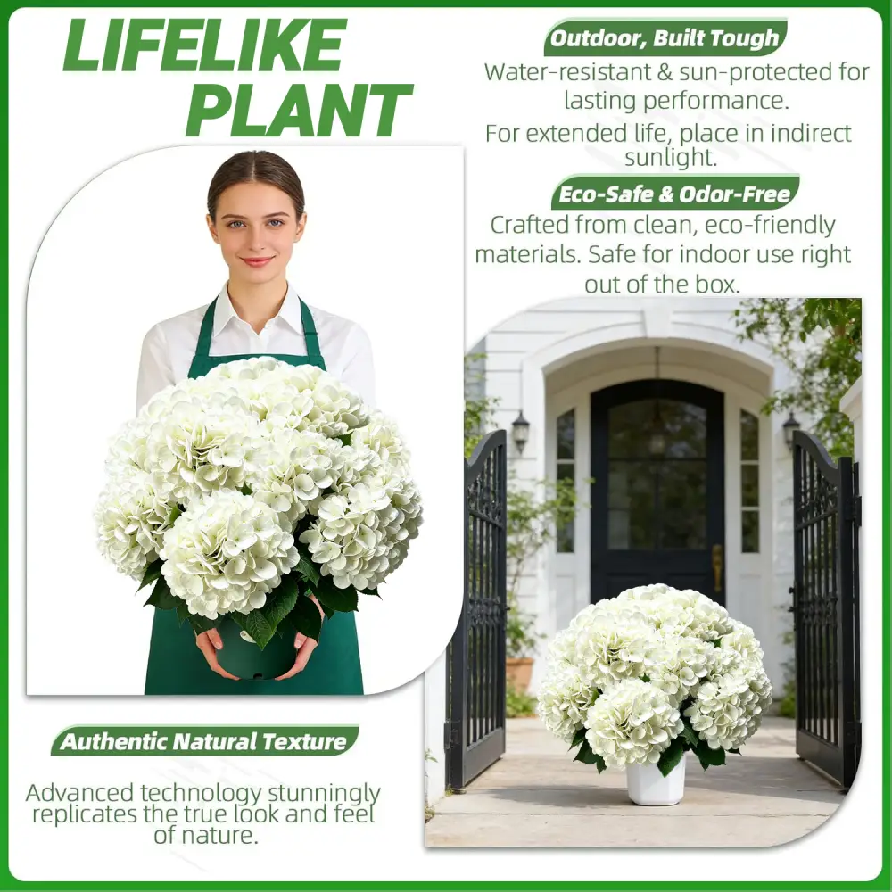 Lifelike white UV resistant artificial hydrangea feature infographic, eco odor-free waterproof faux flowers for indoor and white farmhouse front porch all weather decor