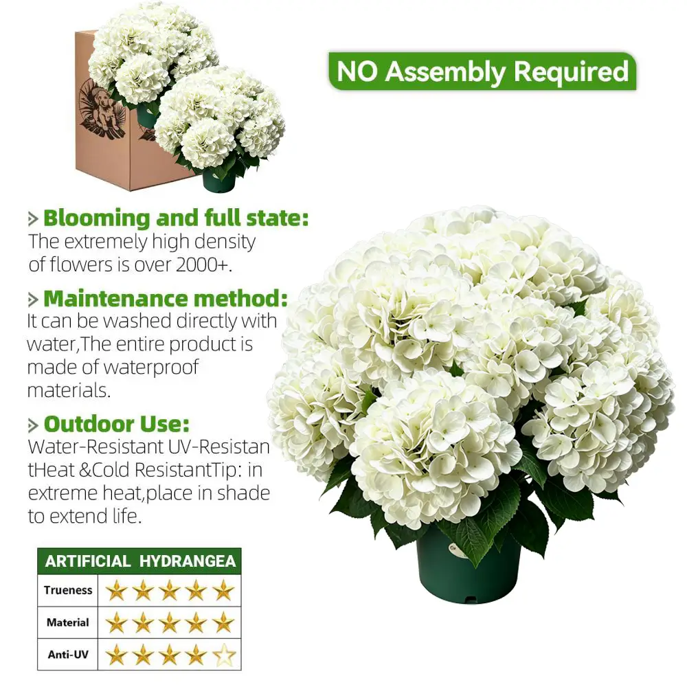 White UV resistant artificial hydrangea product feature chart, waterproof material, no assembly required, full dense bloom cluster for outdoor use
