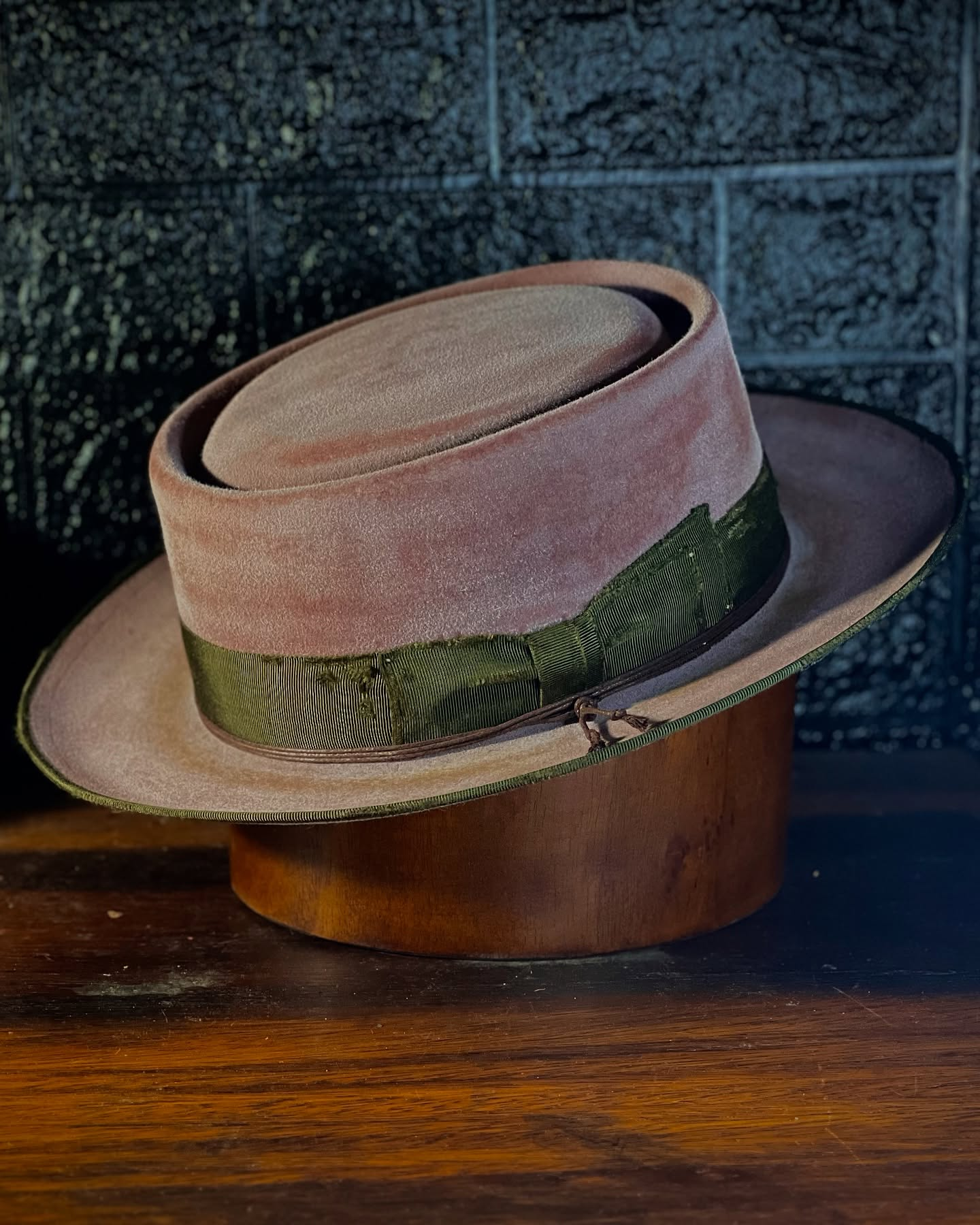 Distressed Pink Porkpie Hat with Olive Ribbon