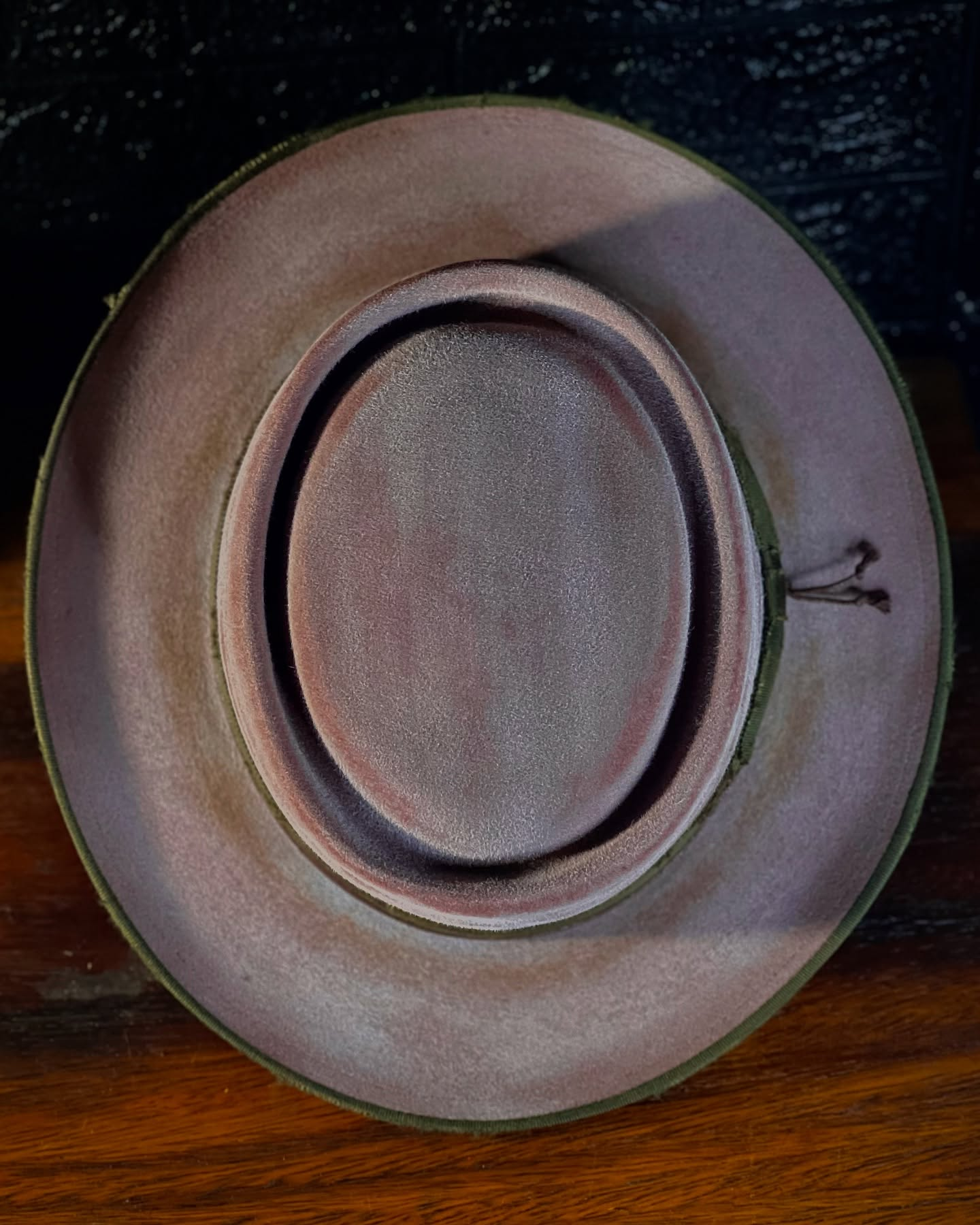 Distressed Pink Porkpie Hat with Olive Ribbon