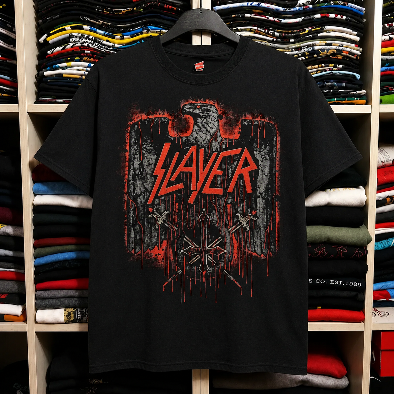 Vintage-style Slayer graphic tour tee on hanger
