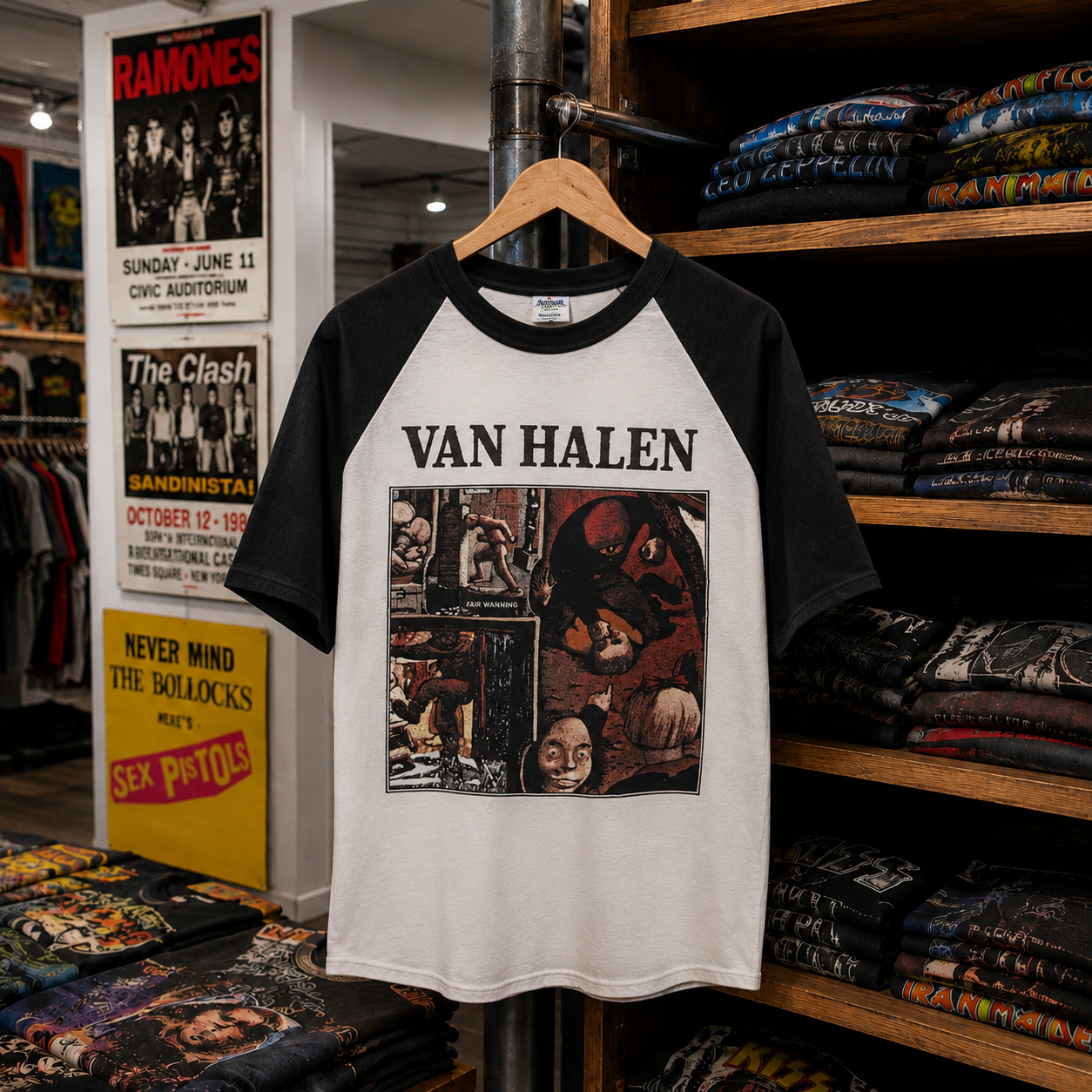 Style 05 front, white and black raglan Van Halen Fair Warning graphic
