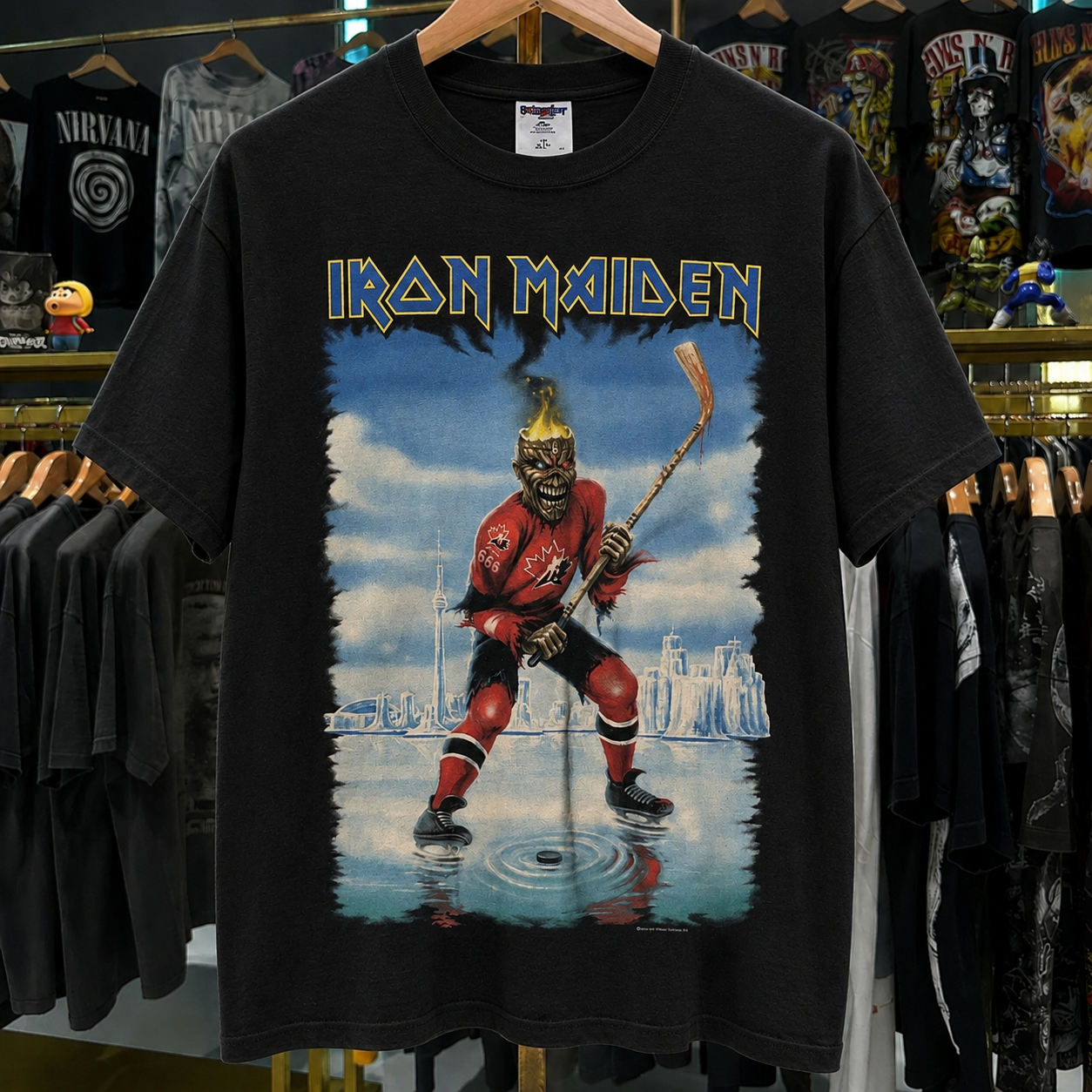 Style 03 Iron Maiden red hockey graphic black tee