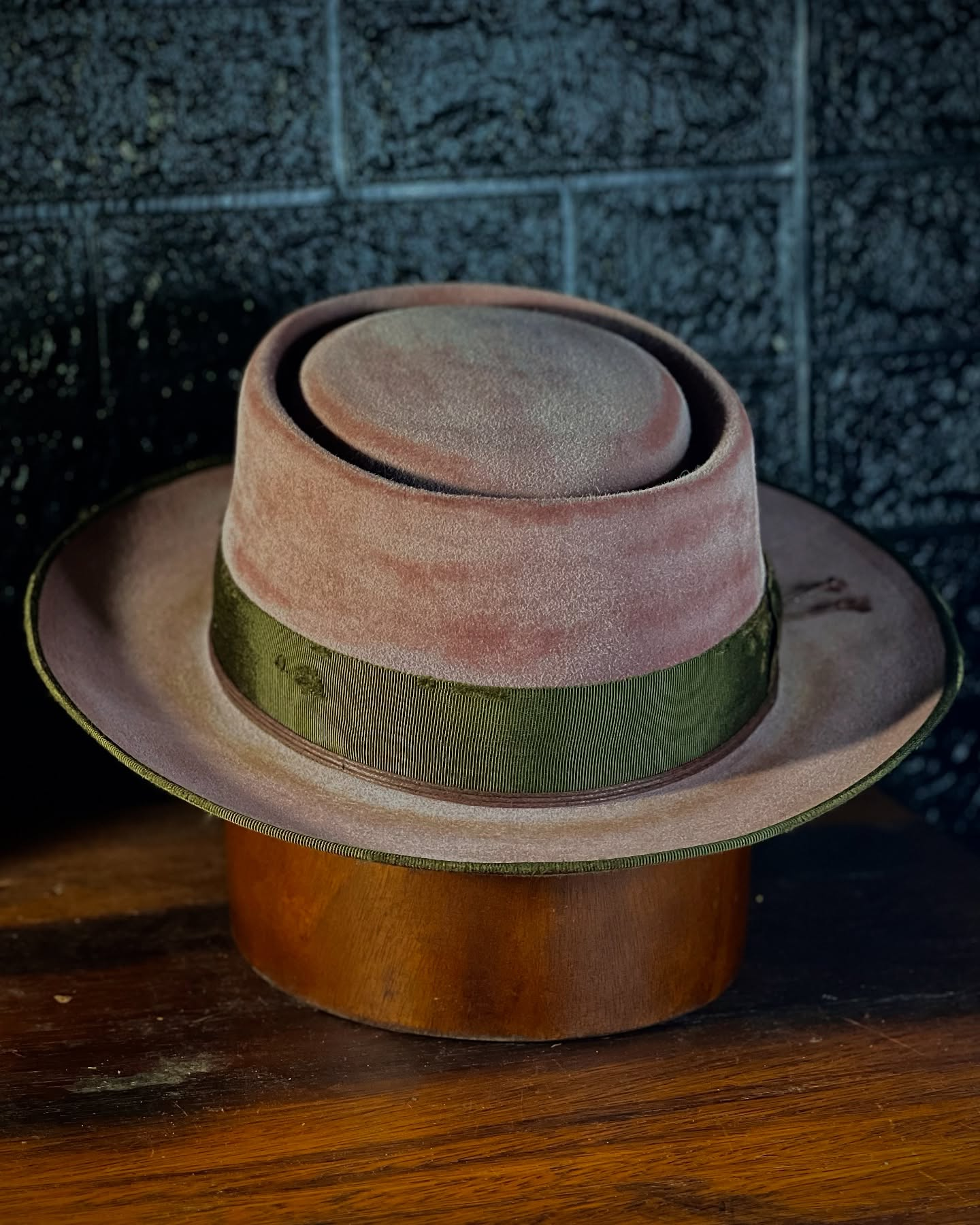 Distressed Pink Porkpie Hat with Olive Ribbon