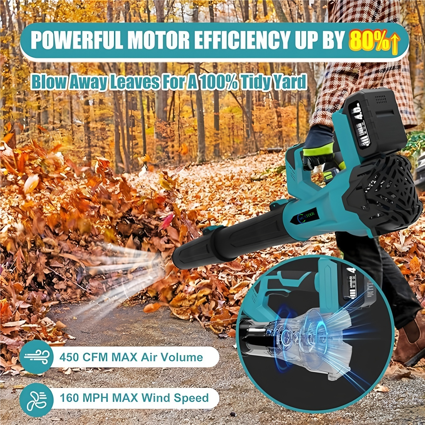21V Cordless 6-Speed Leaf Blower with 2 Batteries for Patio and Lawn Cleaning