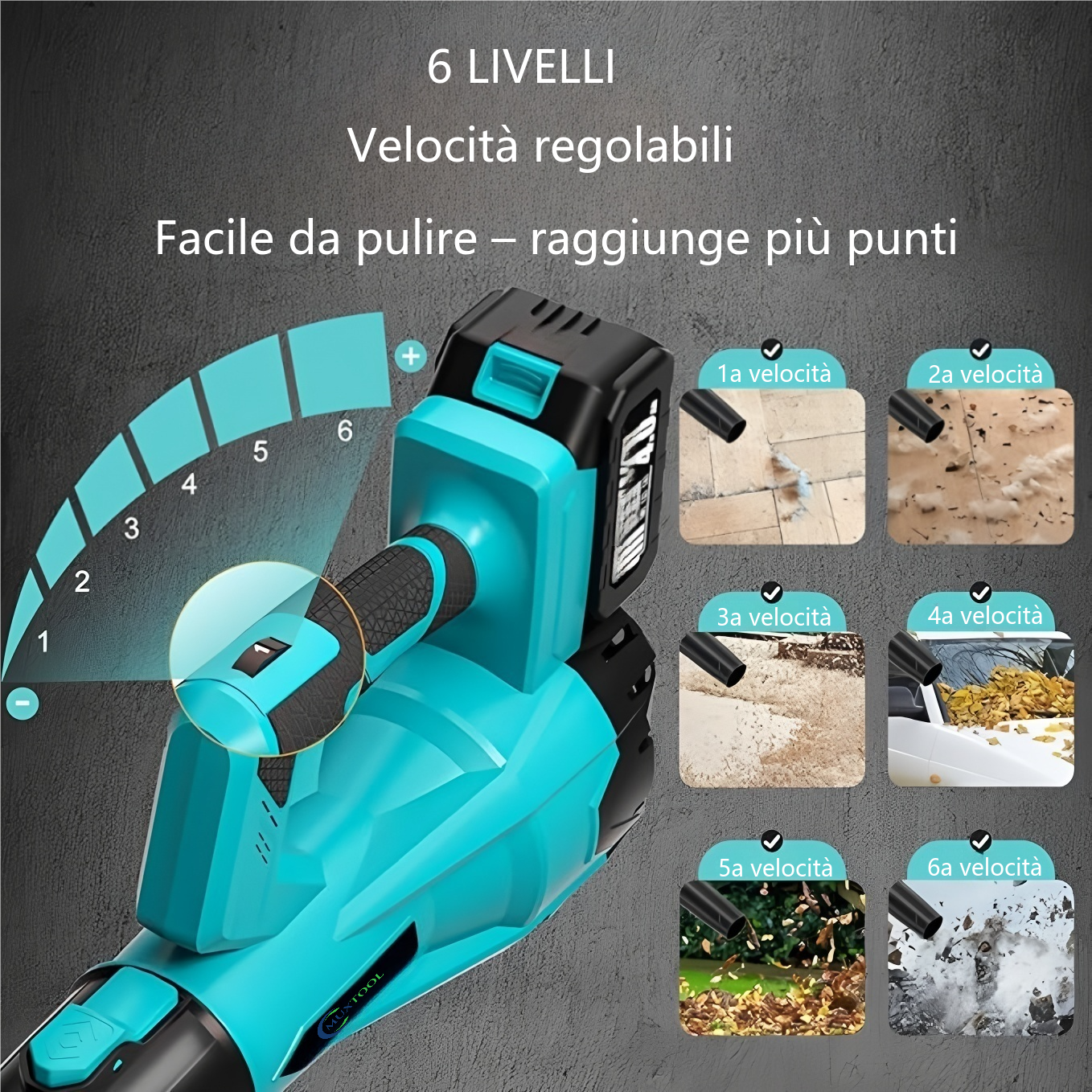 Soffiatore a batteria 21 V con 2 batterie e 6 velocità, ideale per la pulizia del cortile e del prato.