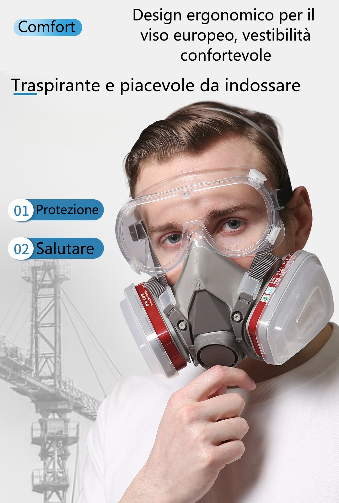 Maschera semimaschera riutilizzabile con visiera - protezione da fumi, sostanze chimiche e polveri per verniciatura, saldatura e lavorazione del legno