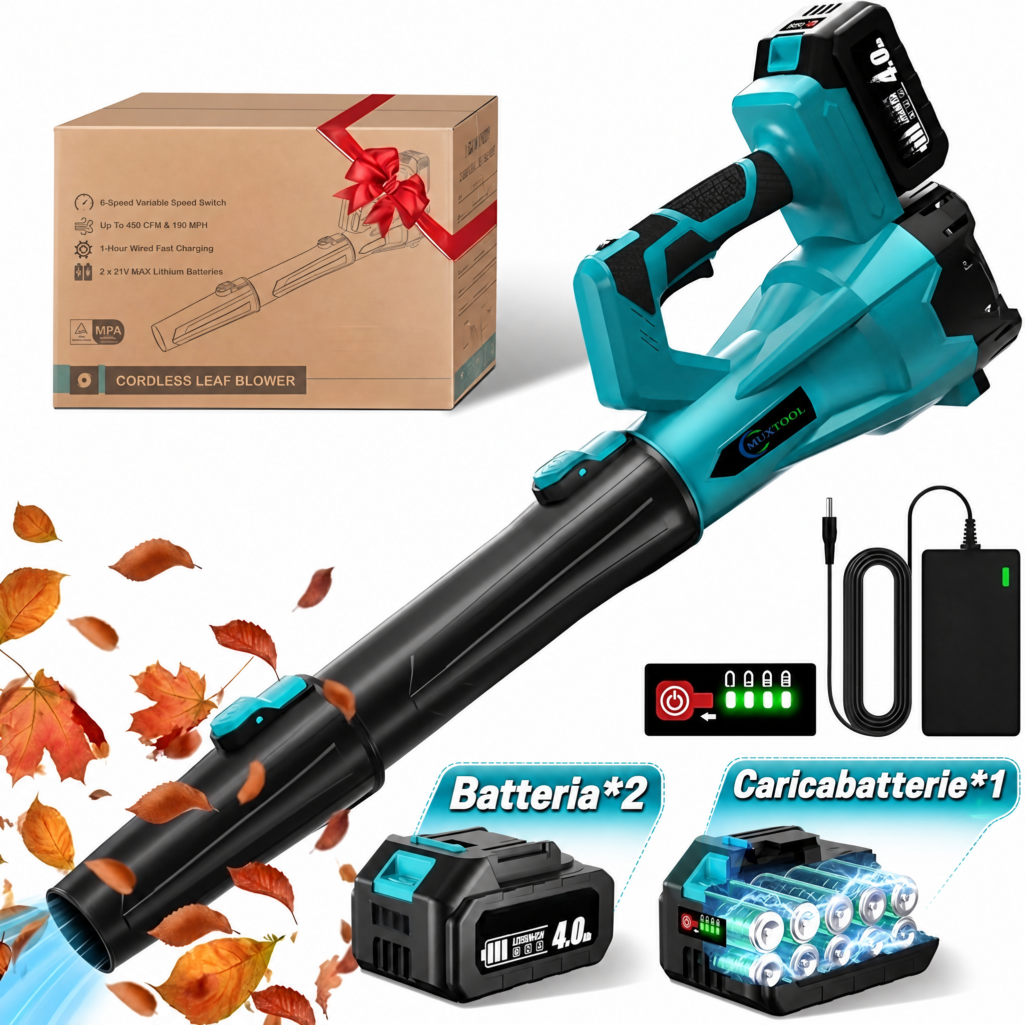 Soffiatore per foglie a batteria da 21 V con 2 batterie e 6 livelli di velocità, ideale per la pulizia di cortili e prati