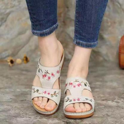 Mincino Flower Embroidered Vintage Casual Wedges Summer Sandals