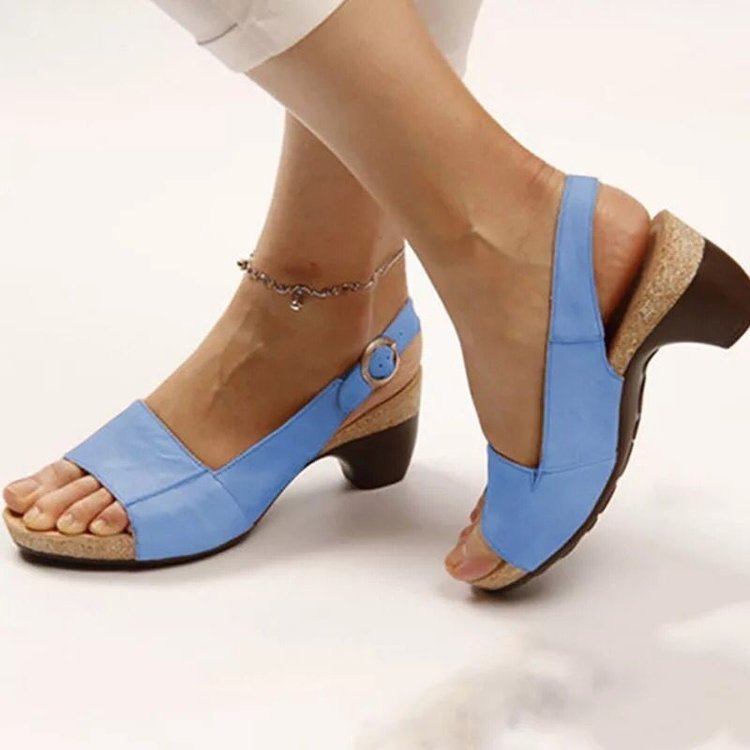Women's Solid Color Block Heel Buckle Sandals