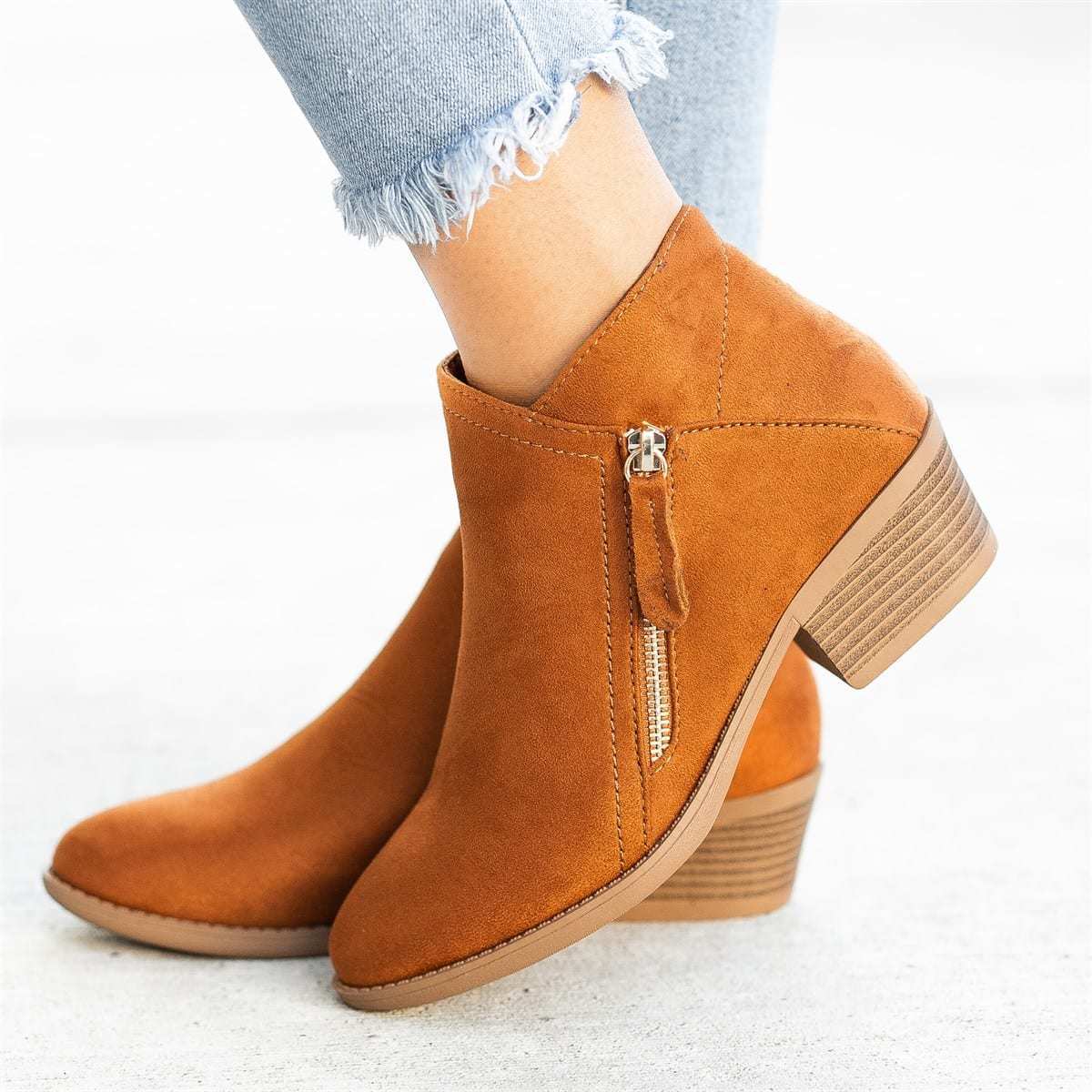 LADIES COMFORT ZIP SUEDE CHUNKY HEEL BOOTIES