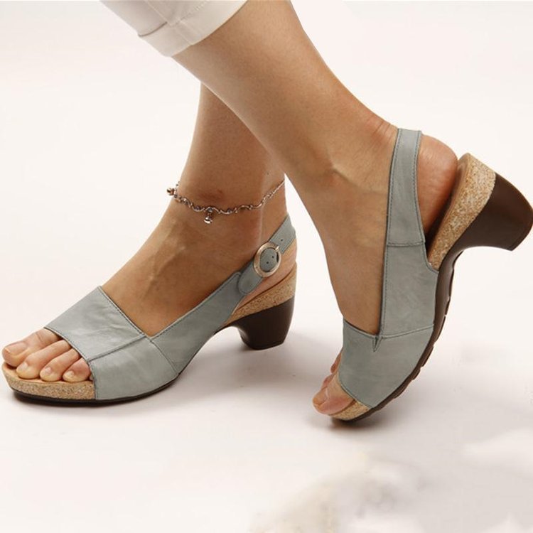 Women's Solid Color Block Heel Buckle Sandals