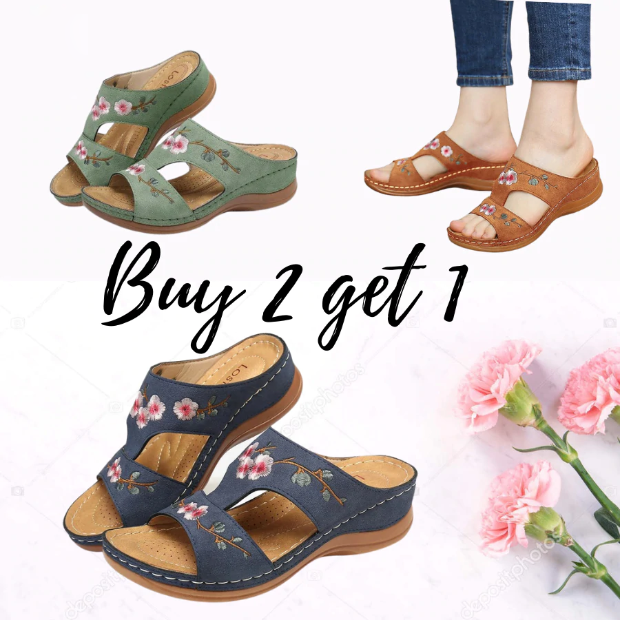 Mincino Flower Embroidered Vintage Casual Wedges Summer Sandals