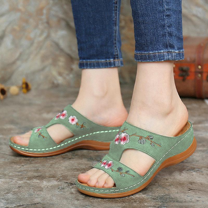 Mincino Flower Embroidered Vintage Casual Wedges Summer Sandals