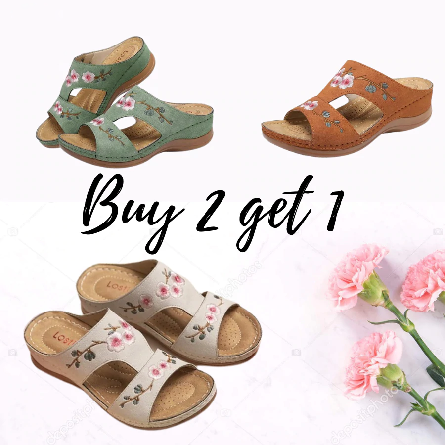 Mincino Flower Embroidered Vintage Casual Wedges Summer Sandals