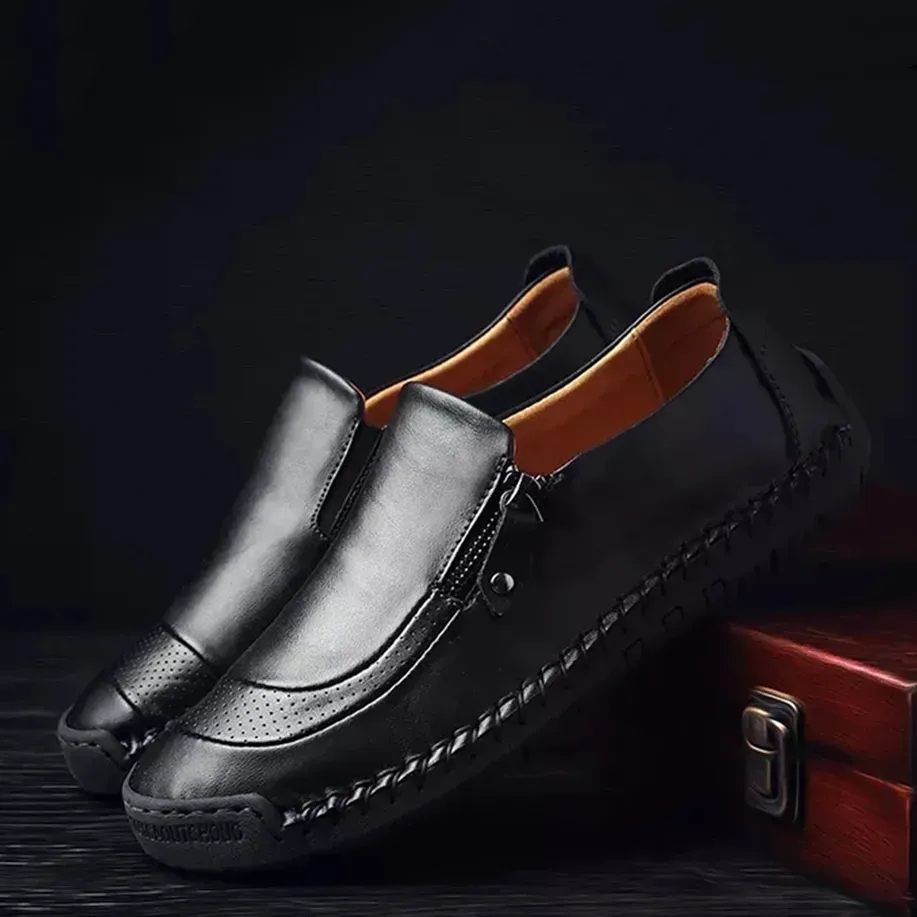 MENS HANDMADE SIDE ZIPPER CASUAL COMFY LEATHER SLIP ON LOAFERS