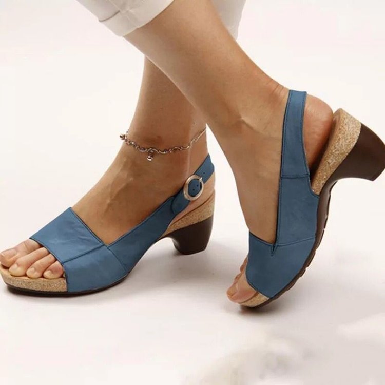 Women's Solid Color Block Heel Buckle Sandals