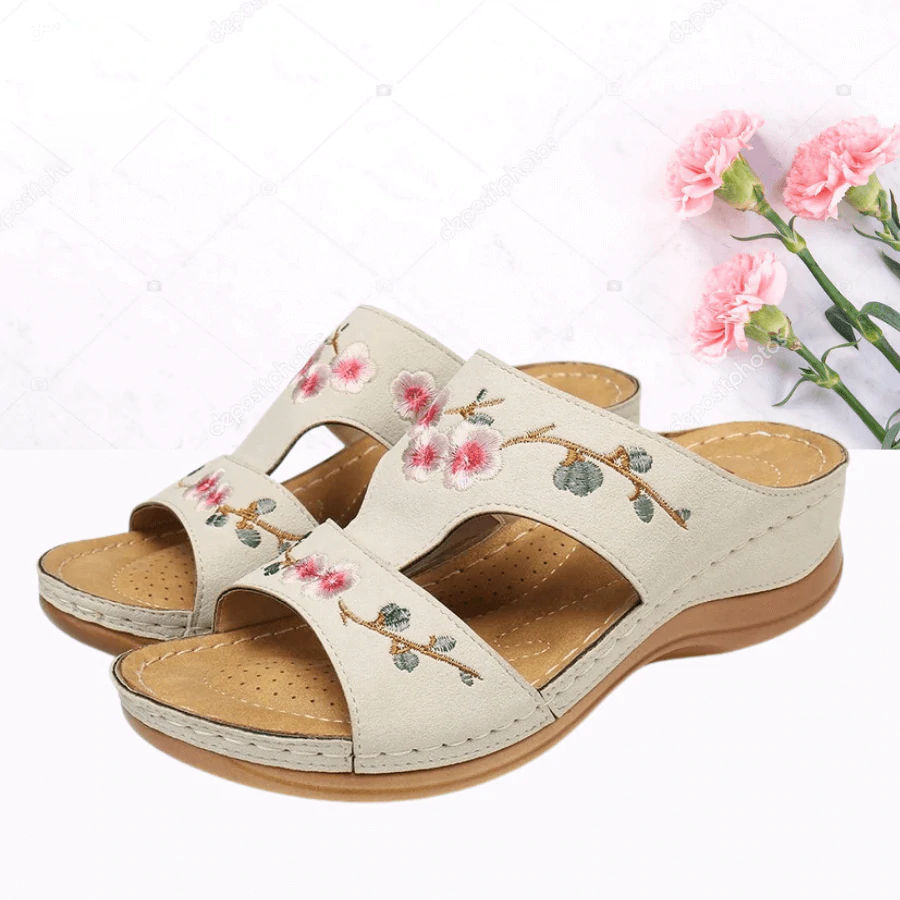 Mincino Flower Embroidered Vintage Casual Wedges Summer Sandals