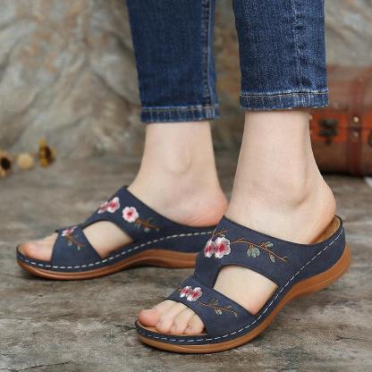 Mincino Flower Embroidered Vintage Casual Wedges Summer Sandals