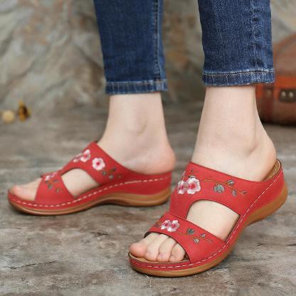 Mincino Flower Embroidered Vintage Casual Wedges Summer Sandals