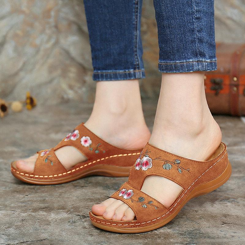 Mincino Flower Embroidered Vintage Casual Wedges Summer Sandals