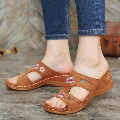 Mincino Flower Embroidered Vintage Casual Wedges Summer Sandals