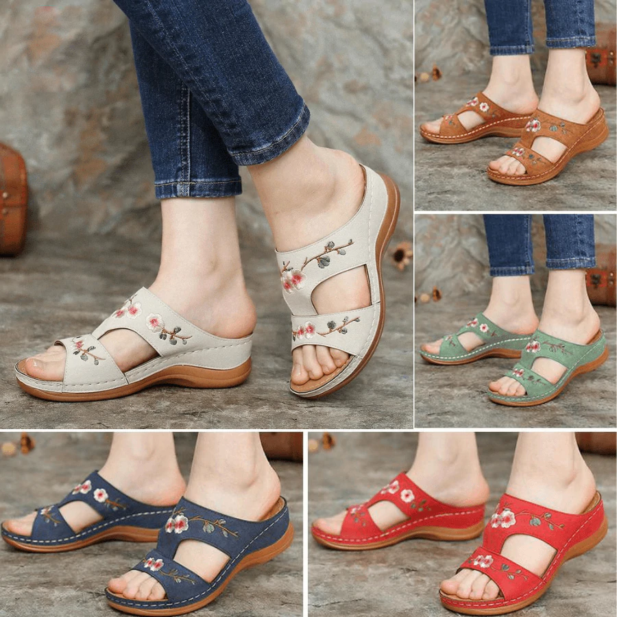 Mincino Flower Embroidered Vintage Casual Wedges Summer Sandals