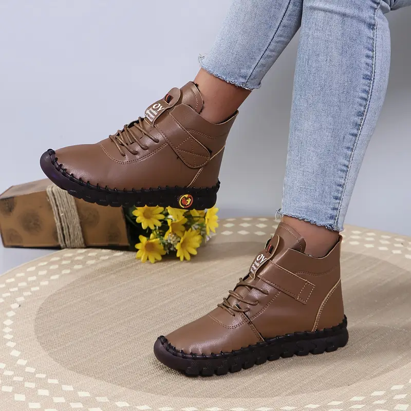 womens new high top anti slip waterproof warm winter boots solid color handcrafted stitching casual fashion shoes with hook and loop fastener round toe flat heel synthetic upper fabric inner insole   sole details 6