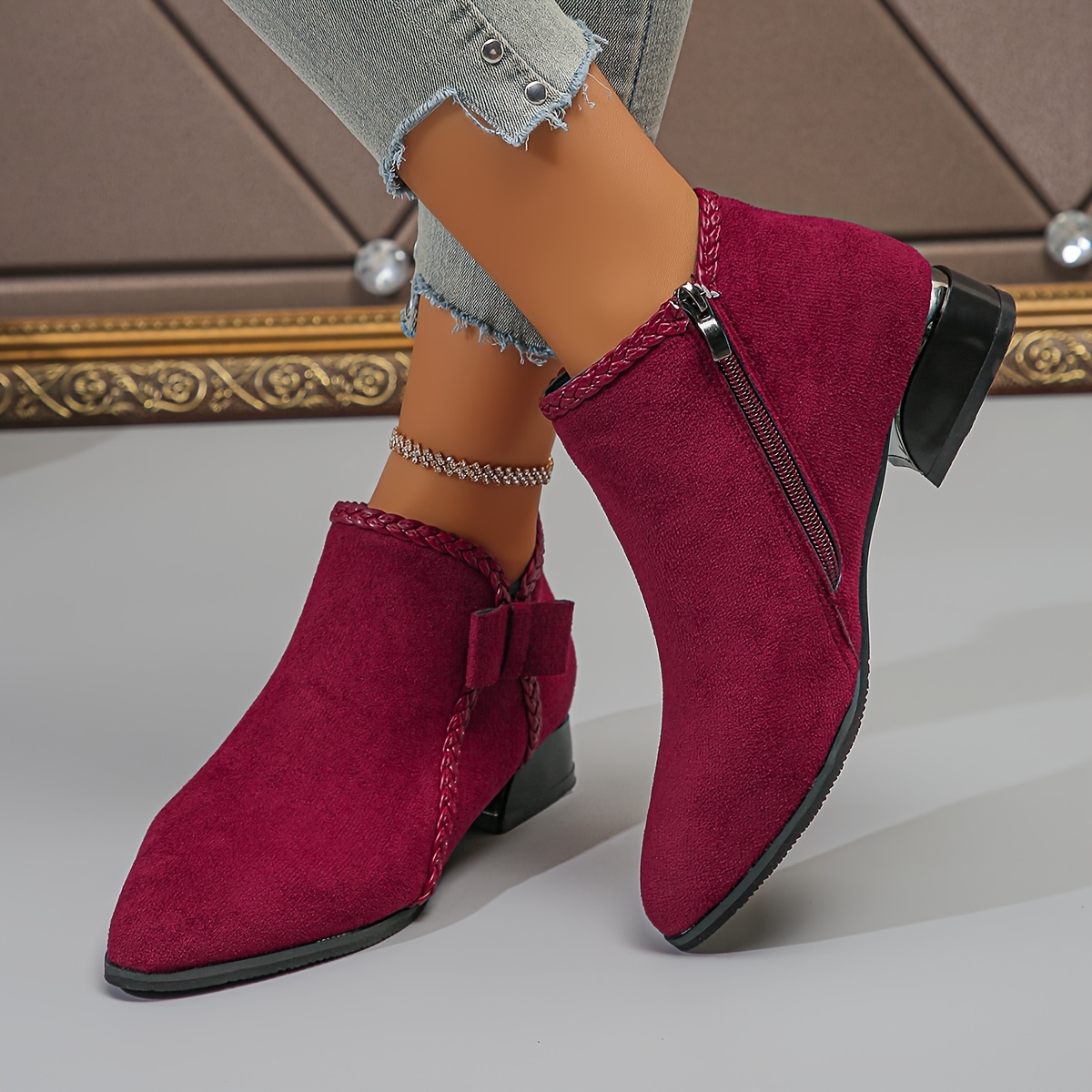 Bowknot Fashion Versatile Chunky Mid Heel Ankle Boots