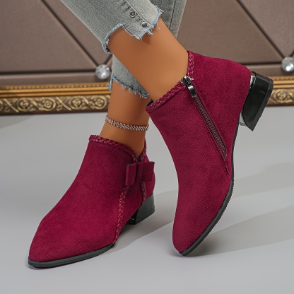 Bowknot Fashion Versatile Chunky Mid Heel Ankle Boots